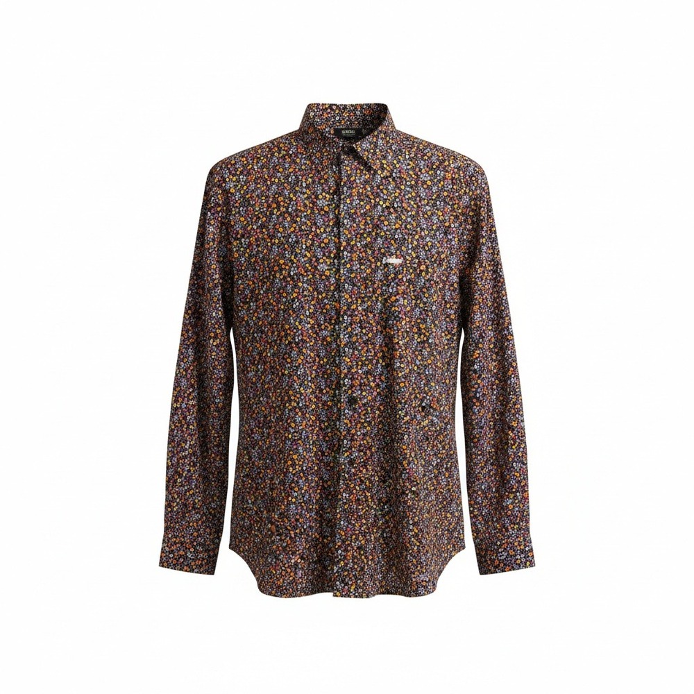 French Crown Mens Floral Mandarin Collar Button Down Shirt 42 Navy Orange Pink